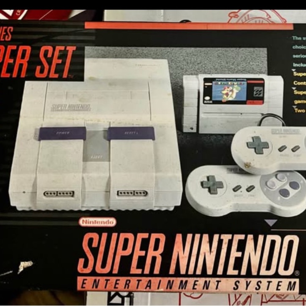 Super Nintendo Console (2) Controllers w. Original Box & Super Mario World